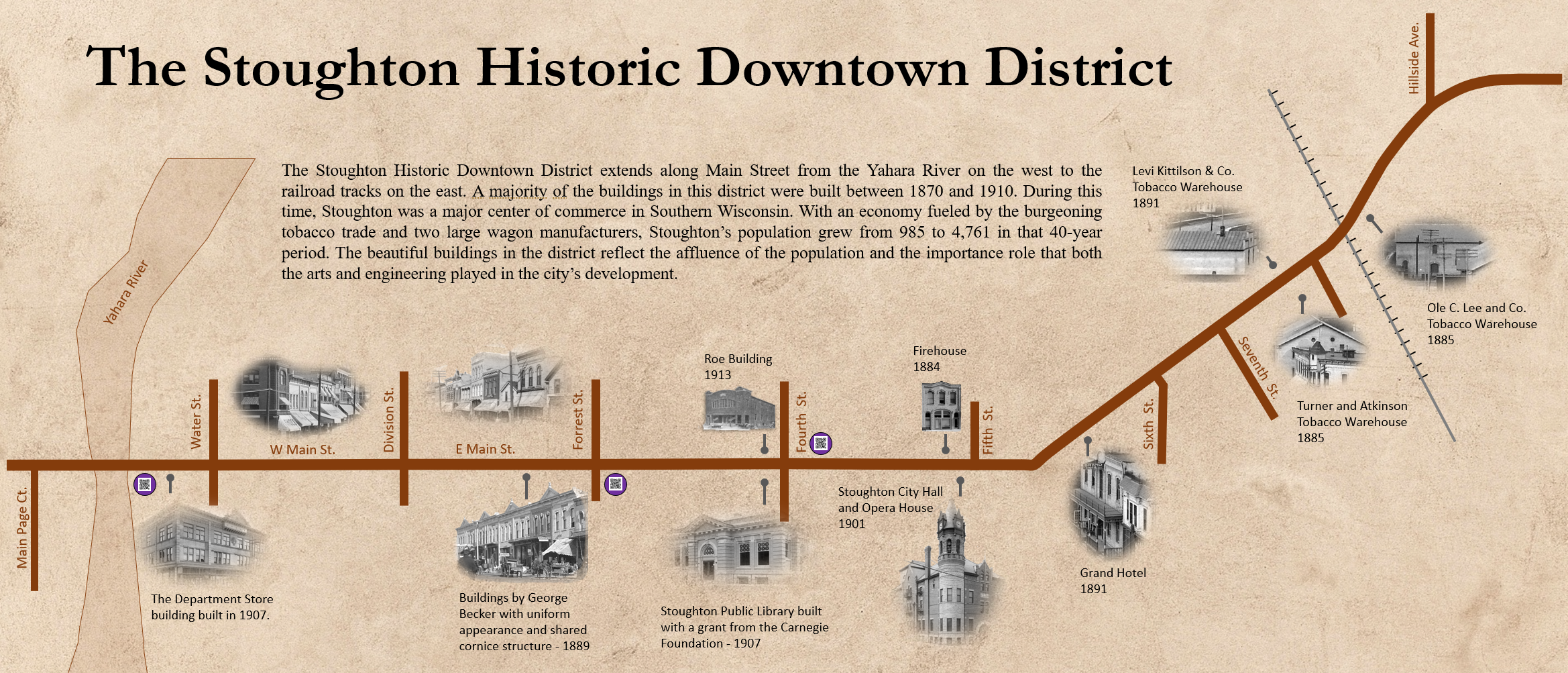 simple map of Stoughton's downtown historic district